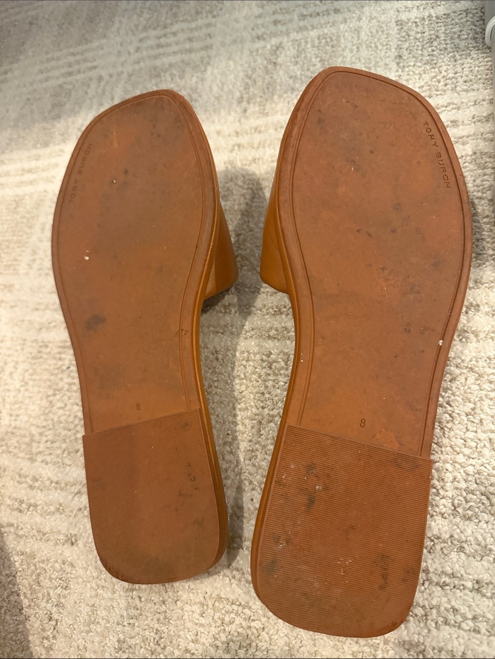 Tory Burch Cognac Leather Slide Sandals with Gold Logo - Picture 2 of 7